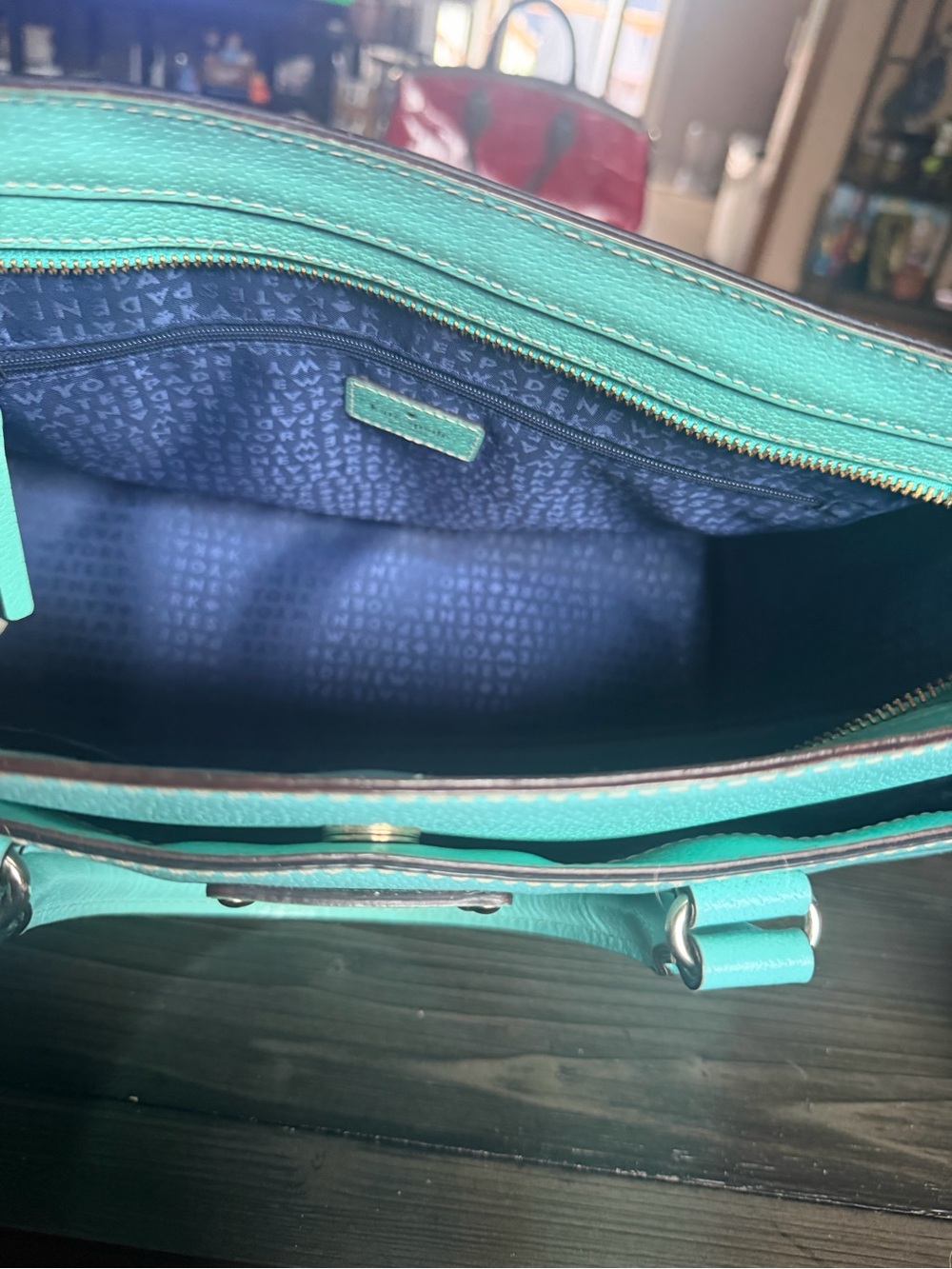kate spade turquoise pebbled tote with gold-tone logo plate - Picture 8 of 9